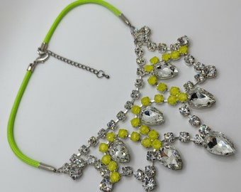 Vintage 1990s Rhinestone Bib Necklace - Bright Colours - Clear - Yellow - Neon Green - Teardrop Rhinestones