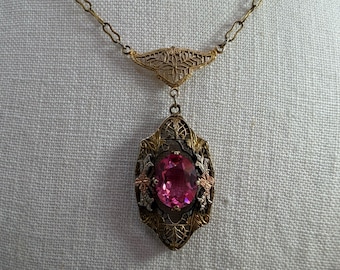 Antique 1920s/30s Art Deco Filigree Pink Glass Tri-Gold Tone Lavalier Necklace