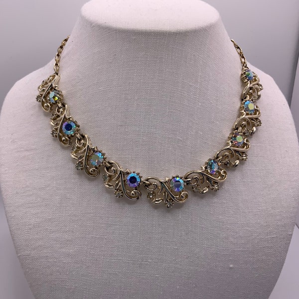 Vintage 1950s/60s CORO Necklace - Aurora Borealis Rhinestone - Gold Tone - Floral Design - Swirl Design