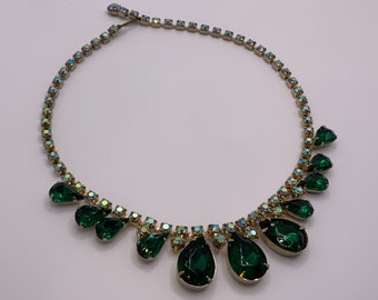 Vintage 1960s Rhinestone Necklace - Emerald Green Teardrop and AB Rhinestones - Light Gold Tone - Vintage Glamour - Designer Evening Wear