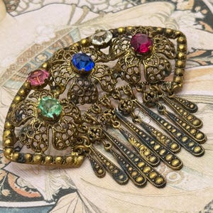 Vintage 1940s signed CZECHO  Rhinestone Brooch - Multi Colour - Dangles - Brass