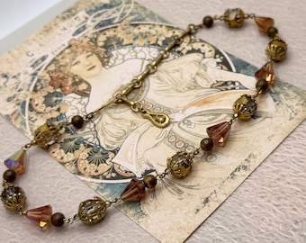 Vintage 1940s/50s AB Crystal Necklace - Gold and Brown Tones - Adjustable Choker