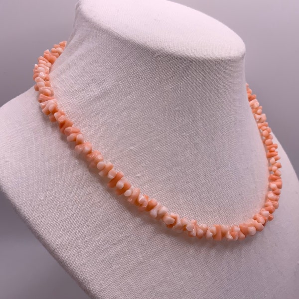 Vintage 1950s Pink Coral Beaded Necklace - Sterling Silver Filigree Style Traditional Clasp - Natural Pink Coral Small Branch Beads