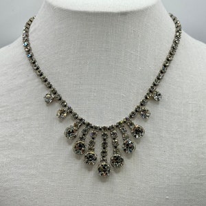 Vintage 1960s Rhinestone Bib Necklace - Adjustable Length - Silver Tone - Clear Rhinestone - Vintage Glam