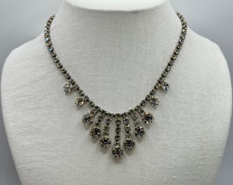 Vintage 1960s Rhinestone Bib Necklace - Adjustable Length - Silver Tone - Clear Rhinestone - Vintage Glam