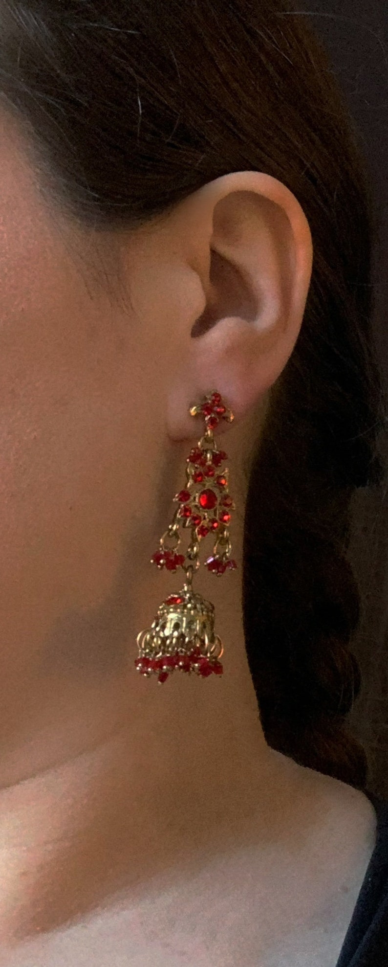 Vintage Red Rhinestone Ornate Jhumka Long Dangly Gold Tone Earrings