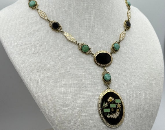 Antique 1920s ART DECO Necklace - Green, Black an… - image 4