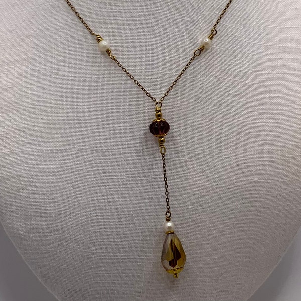 Vintage Edwardian Lavalier Necklace - Reproduction Antique Revival - Dangling Teardrop AB Crystal - Amethyst Tone Glass - Seed Pearls