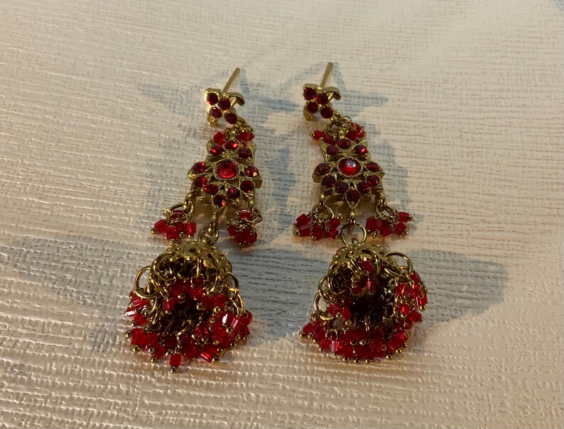 Vintage Red Rhinestone Ornate Jhumka Long Dangly Gold Tone Earrings