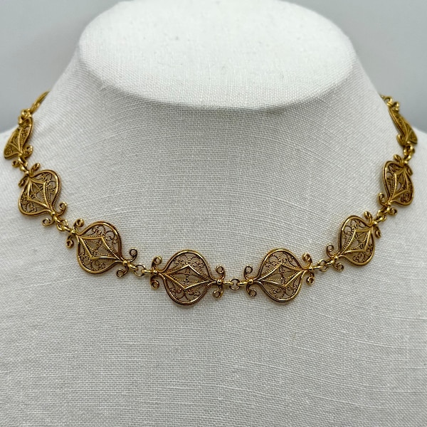 Vintage 1990s Art Nouveau Revival Gold Filled Filigree Link Necklace - Choker with Adjustable Length