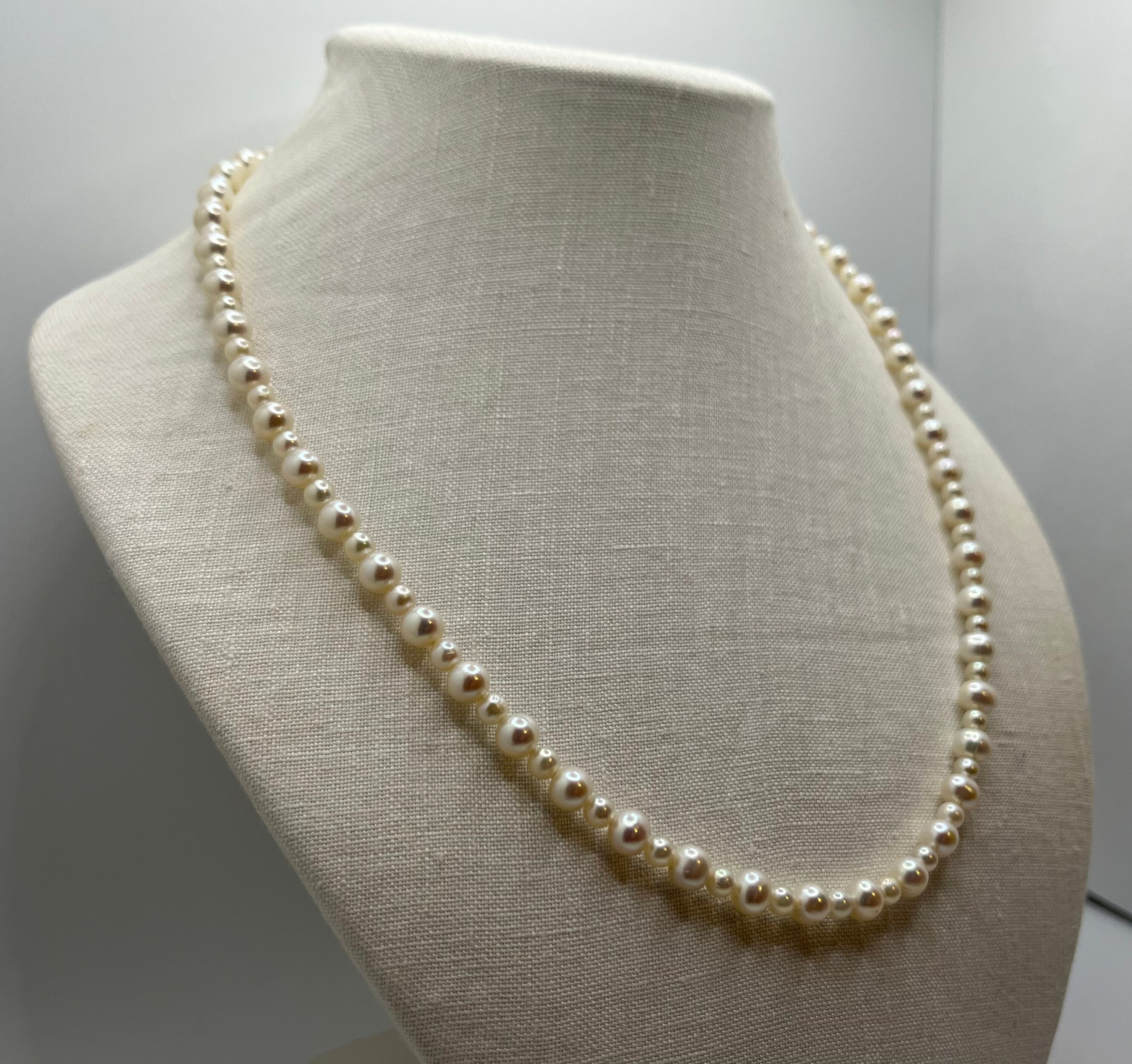 Vintage Genuine Pearl Multi Size Necklace With 10K White