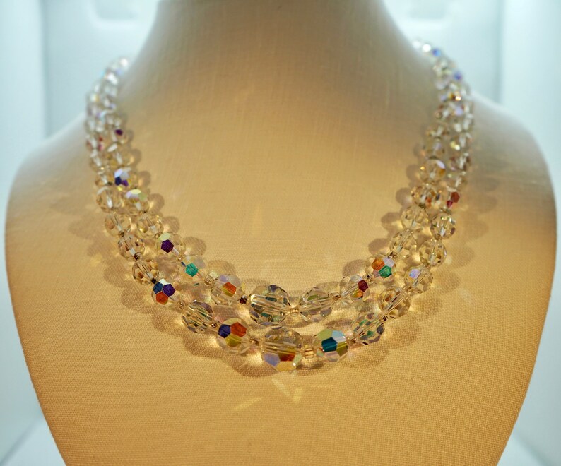 Vintage Circa 1950\u2019s Double Strand Aurora Borealis Graduated Rhinestone Bead Necklace