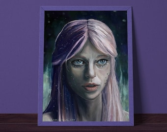 Galaxy Space Girl - Ethereal Art Print Poster - Original Artwork, space art, pink hair, fantasy art, rhinestone, grunge, gothic, witch art