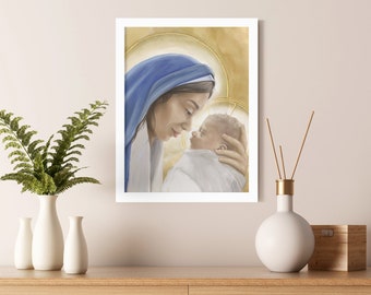 Baby Jesus and Virgin Mary Art Print - Madonna and Child Poster - Mother's Day, Religious Original Artwork, Messiah, Catholic, Mother