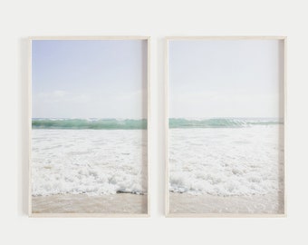 ocean print, set of 2 prints, beach diptych, pastel beach wall art, sea waves photography wall art, blue home decor, coastal decor