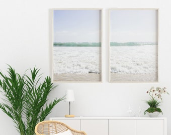 impressão de oceano, conjunto de 2 impressões, díptico de praia, arte de parede de praia pastel, arte de parede de fotografia de ondas do mar, decoração de casa azul, decoração costeira