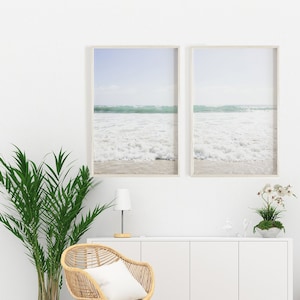 ocean print, set of 2 prints, beach diptych, pastel beach wall art, sea waves photography wall art, blue home decor, coastal decor image 2