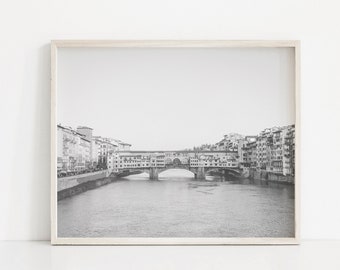 ponte vecchio italië fotografie, florence kunst, reis kunst print, grote kunst aan de muur, Europa foto, home decor, zwart-wit print