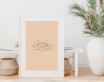 sun line drawing, sunset over ocean minimalist art print, modern abstract wall art, contemporary art, boho wall decor, printable wall art