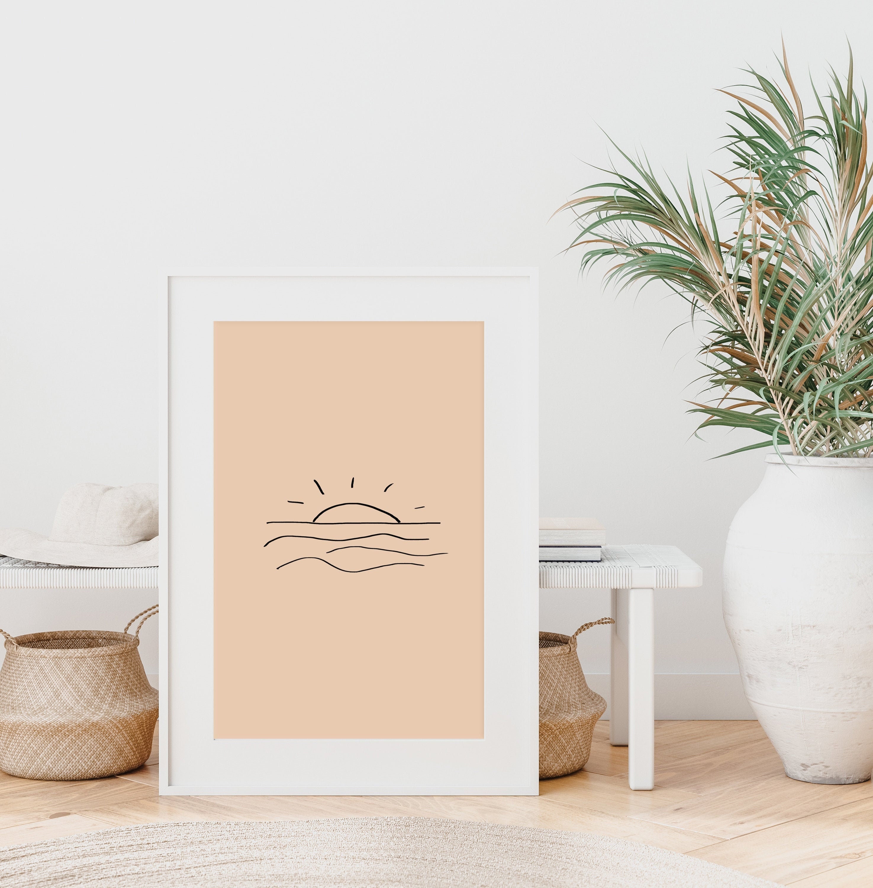 Sun Line Drawing, Sunset Over Ocean Minimalist Line Art Print ...