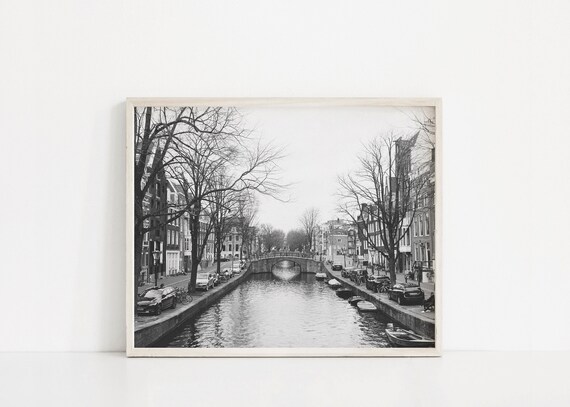 black and white amsterdam print, amsterdam canal photography print, travel wall art, travel photography, europe home decor, travel decor