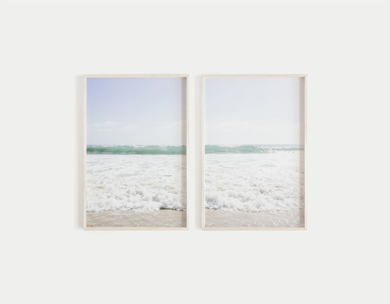 ocean print, set of 2 prints, beach diptych, pastel beach wall art, sea waves photography wall art, blue home decor, coastal decor image 1