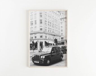 Impresión en blanco y negro, arte mural de Londres, impresión de taxi, arte mural de ciudad, fotografía del Reino Unido, decoración del hogar de viaje, arte mural de viaje, decoración urbana