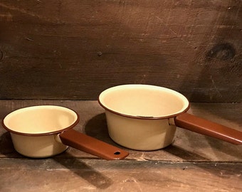 Vintage Brown and Tan enamelware sauce pans