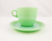 Jadeite Green - Tall 39 Ring Handle 39 Cup on a 39 Restaurant Ware 39 Saucer - Collectible Heavy Saucer and Cafe Cup Mug - Fun Stuff