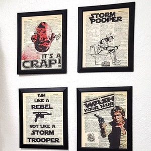 Funny Star Wars Bathroom Prints on Vintage Dictionary Pages, 4-pack, Funny Sci Fi Bathroom Decor, Funny Gift for Nerd, Toilet Humor