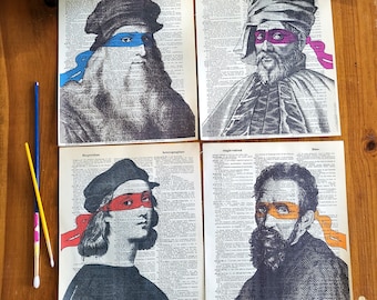 Ninja Artists Prints on Vintage Dictionary Pages, Leonardo, Donatello, Raphael, and Michelangelo parody, TMNT Funny  Renaissance Art Decor