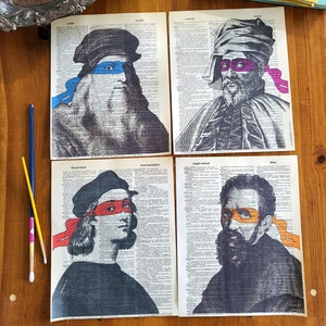 Ninja Artists Prints on Vintage Dictionary Pages, Leonardo, Donatello, Raphael, and Michelangelo parody, TMNT Funny  Renaissance Art Decor