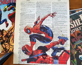 Spider-Man and Deadpool Fight Print on Vintage Dictionary Page