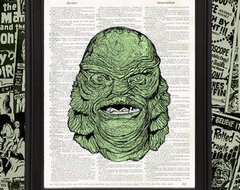 Pop Art Creature from the Black Lagoon Gill-man 8x10 print upcycled Vintage Dictionary Classic Horror Gift for Horror Fan Gothic Home Decor
