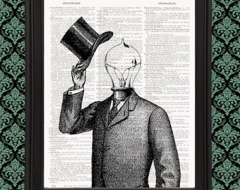 Edison Bulb Head Man Top Hat Steampunk Art Print on Vintage Dictionary Print Gentleman Gift Steampunk Decor Wall Art Anthropomorphic Suit