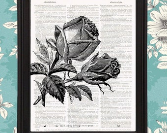 Vintage Rose Black and White Illustration Print on Dictionary Book Page Antique Botanical Floral Art Wall Decor Gifts for Her Mom Gift