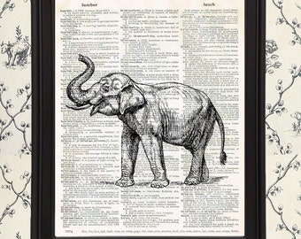 Lucky Elephant Illustration - Elephant Home Decor - Animal Wall Decor - Unique Elephant Gift - Vintage Art on Vintage Dictionary Page