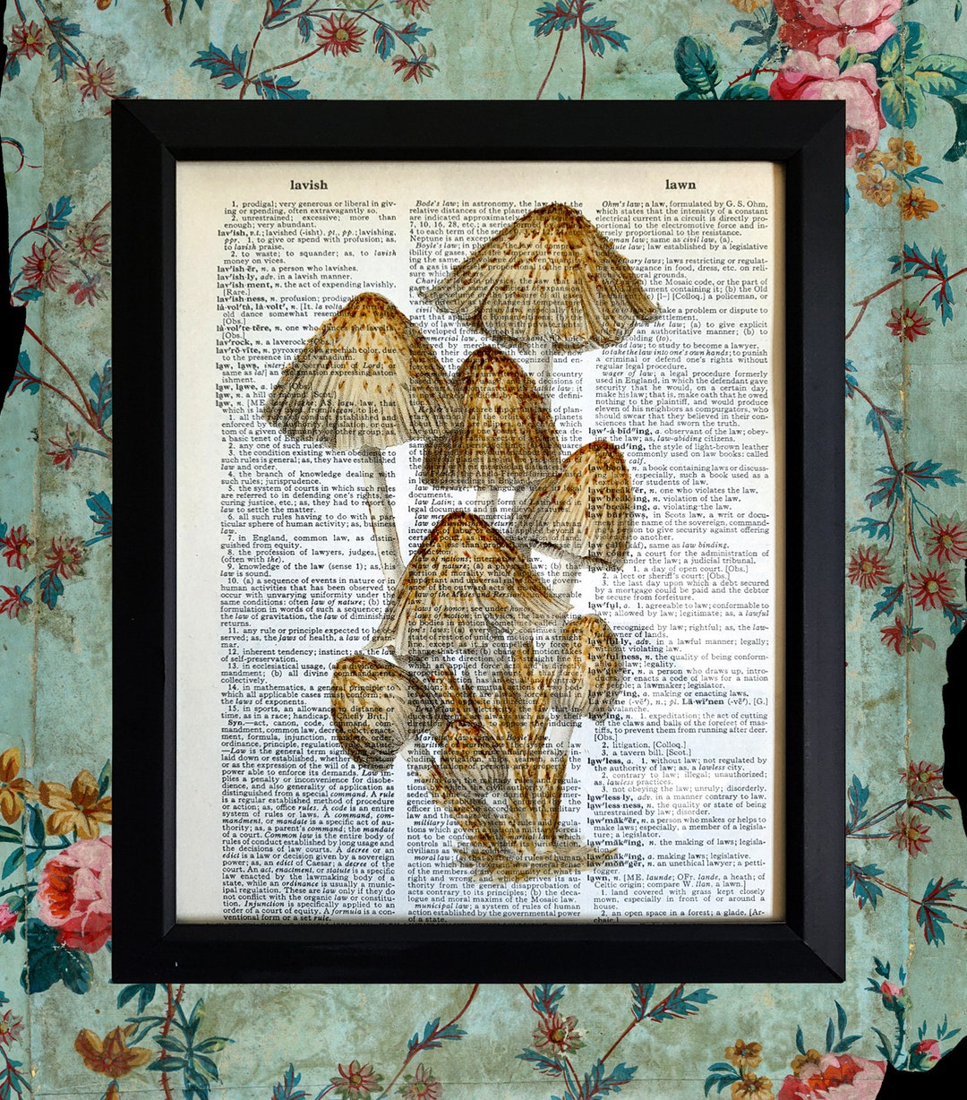 Mushrooms 8x10 Print on Upcycled Vintage Dictionary Page, Scaly Ink Cap
