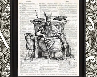 Odin Resting on Throne mit Loyalen Wölfen und Raben nordische Mythologie Kunstdruck auf Upcycled Vintage Wörterbuch Seite Geschenk für Wikinger