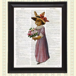 Lady Bunny in Victorian Dress Holding Flowers Print on Vintage Book Page Vintage Anthropomorphic Animal Vintage Imagery Rabbit Wall Art