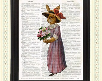 Lady Bunny in Victorian Dress Holding Flowers Print on Vintage Book Page Vintage Anthropomorphic Animal Vintage Imagery Rabbit Wall Art