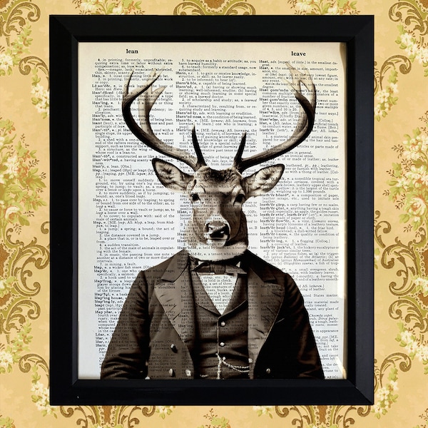 Gentleman Buck 8x10 Print on Vintage Dictionary Page, 1800s Victorian Portrait, Anthropomorphic Deer in a Suit, Black and White Print