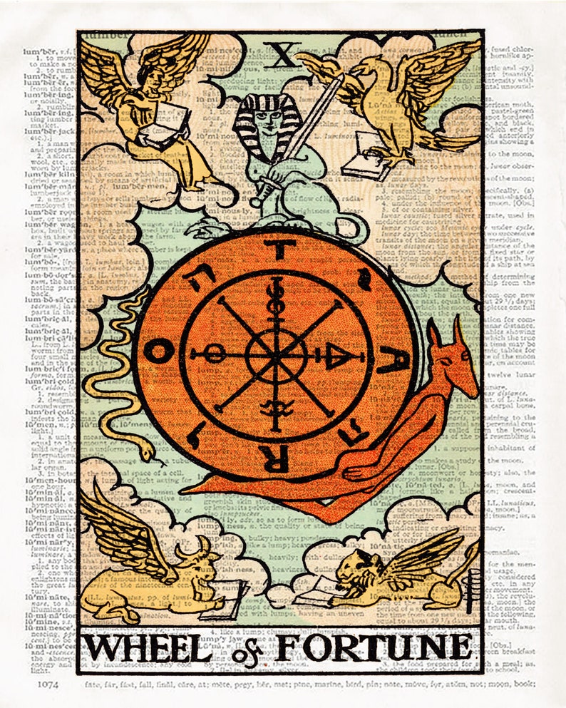 The Wheel of Fortune Tarot Card Art Print Couples Gift Tarot Reading Alchemy Magic Rider Waite Deck Spiritual Art Vintage Tarot Book Print