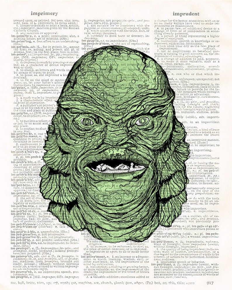 Pop Art Creature from the Black Lagoon Gill-man 8x10 print upcycled Vintage Dictionary Classic Horror Gift for Horror Fan Gothic Home Decor