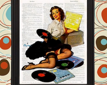 Brunette Vintage Pin Up Model Gil Elvgren Repro Art Print on Book Page Record Player Music Lover Circle Skirt Retro Lady