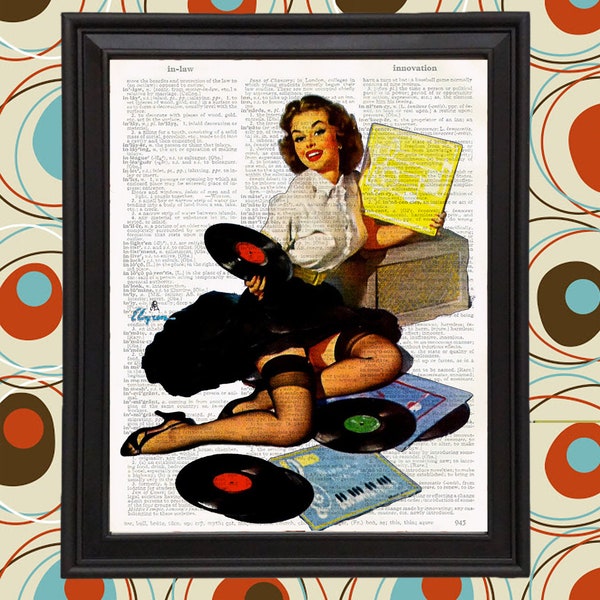 Brunette Vintage Pin Up Model Gil Elvgren Repro Art Print on Book Page Record Player Music Lover Circle Skirt Retro Lady