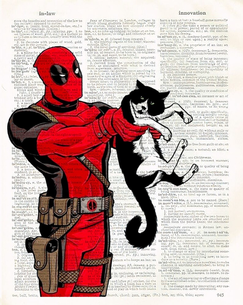 Deadpool Holding Cat Marvel Comics Art Superhero Home Decor Etsy