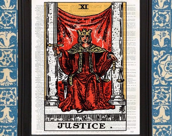 Justice Tarot Card Art Print Tarot Reading Alchemy Magic Rider Waite Deck Spiritual Art Vintage Tarot Book Page Art Print Tarot Deck