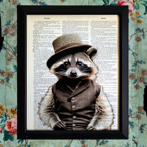 Raccoon Gentleman 8x10 Print on Vintage Dictionary Page, 1800s Victorian Portrait, Anthropomorphic Raccoon in a Suit, Black and White Print