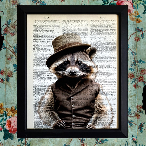 Raccoon Gentleman 8x10 Impression sur page de dictionnaire vintage, Portrait victorien des années 1800, Raton laveur anthropomorphe en costume, Impression noir et blanc